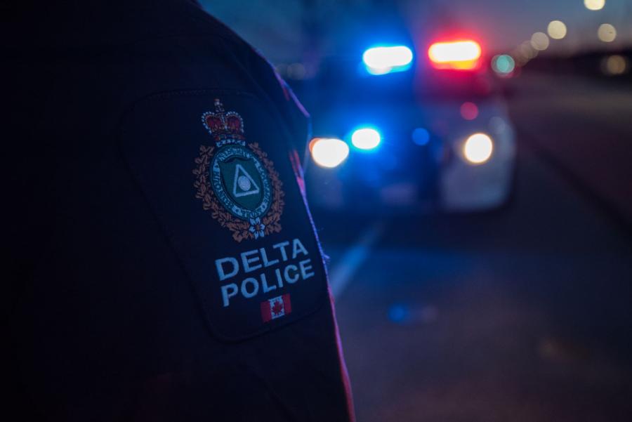 Delta Police Officer's shoulder flash in front of a parked police car.