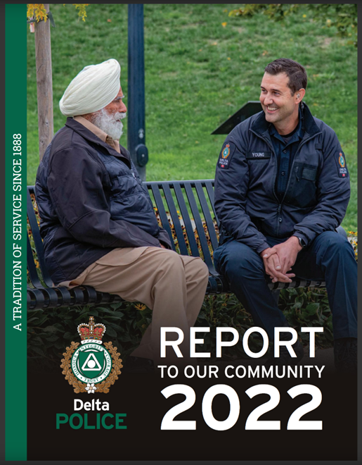 Cover photo of 2022 Annual Report, featuring a police officer sitting on a bench with a community member, having a casual conversation
